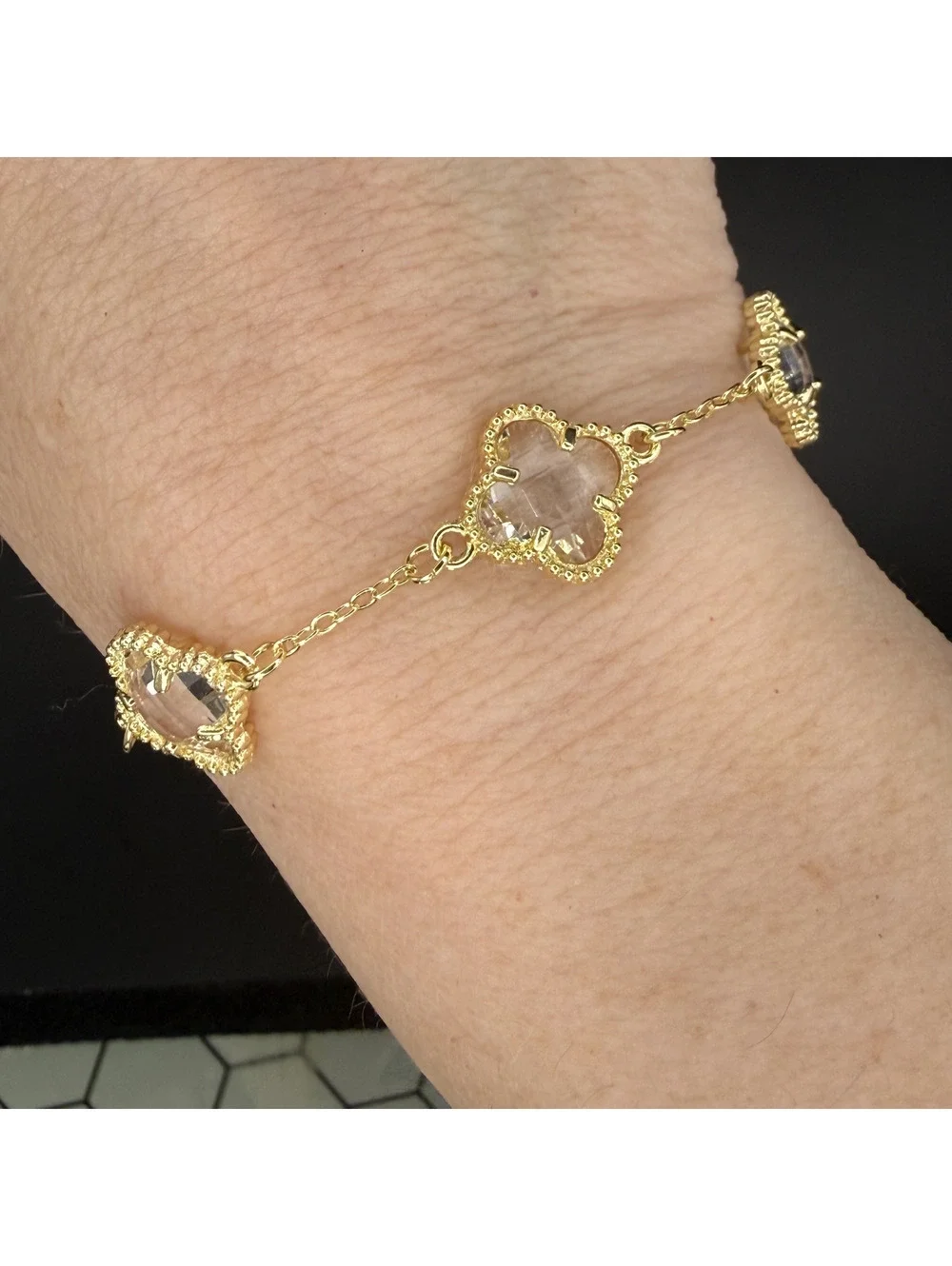 candy+clover clear clover crystal gold tone station bracelet